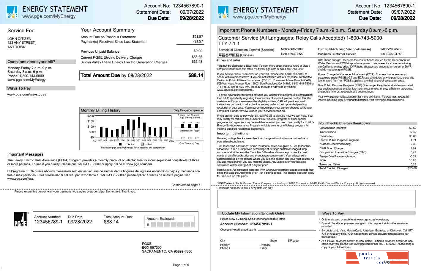 USA California PG&E (Pacific Gas and Electric Company) utility bill, Word and PDF template, 6 pages 1 2